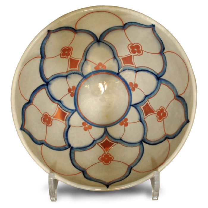 Islamic inspired bowl. Ivory and blue ground. Diameter 19 cm. Unique number 9314.