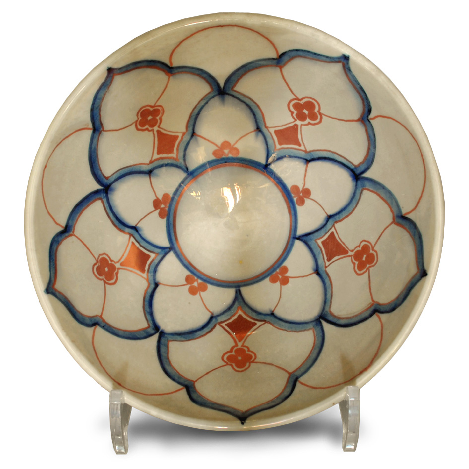 Islamic inspired bowl. Ivory and blue ground. Diameter 19 cm. Unique number 9314.