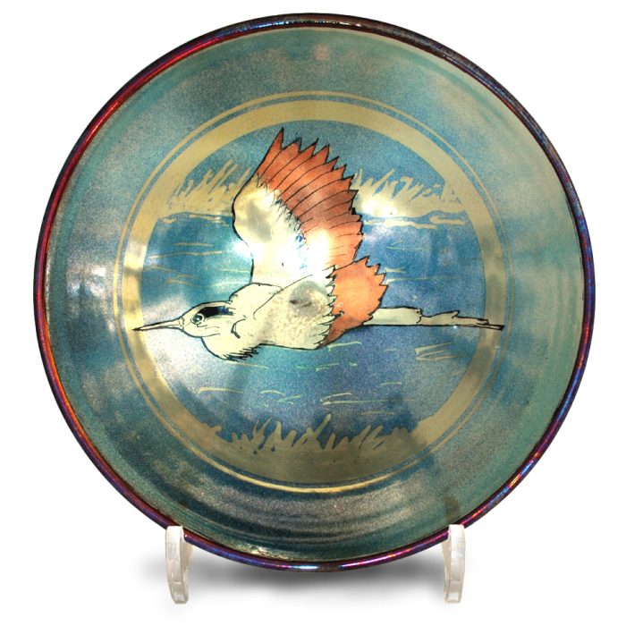 Heron bowl. Purple-blue ground. Diameter 21 cm. Unique number KB163.