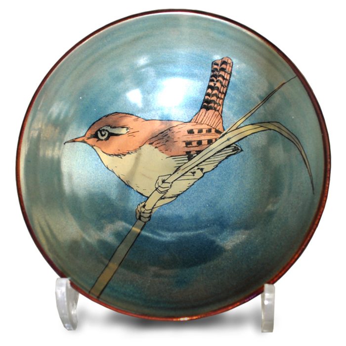 Wren bowl. Purple-blue ground. Diameter 16.5 cm. Unique number KB160.