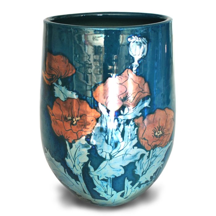 Poppies elliptical vase. Blue-green ground. Height 16 cm. Unique number KB171.