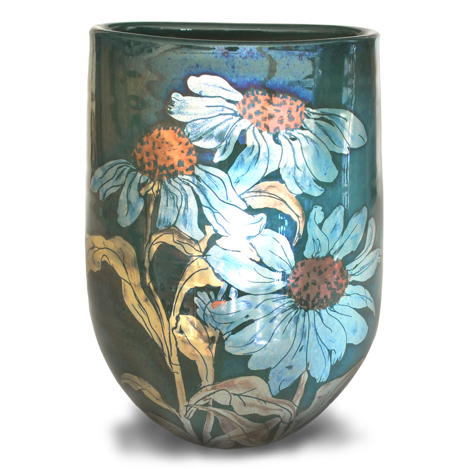 Echinacea elliptical vase. Blue-green ground. Height 16 cm. Unique number KB168.