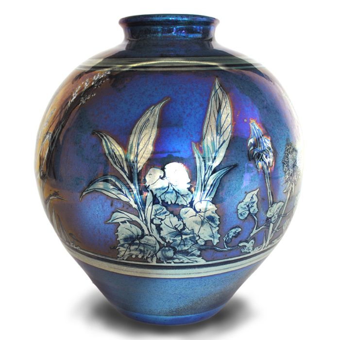 Round vase with Cow Parsley and Grasses. Dynamic silver-blue ground. Height 23 cm. Unique number 9259. - Image 2