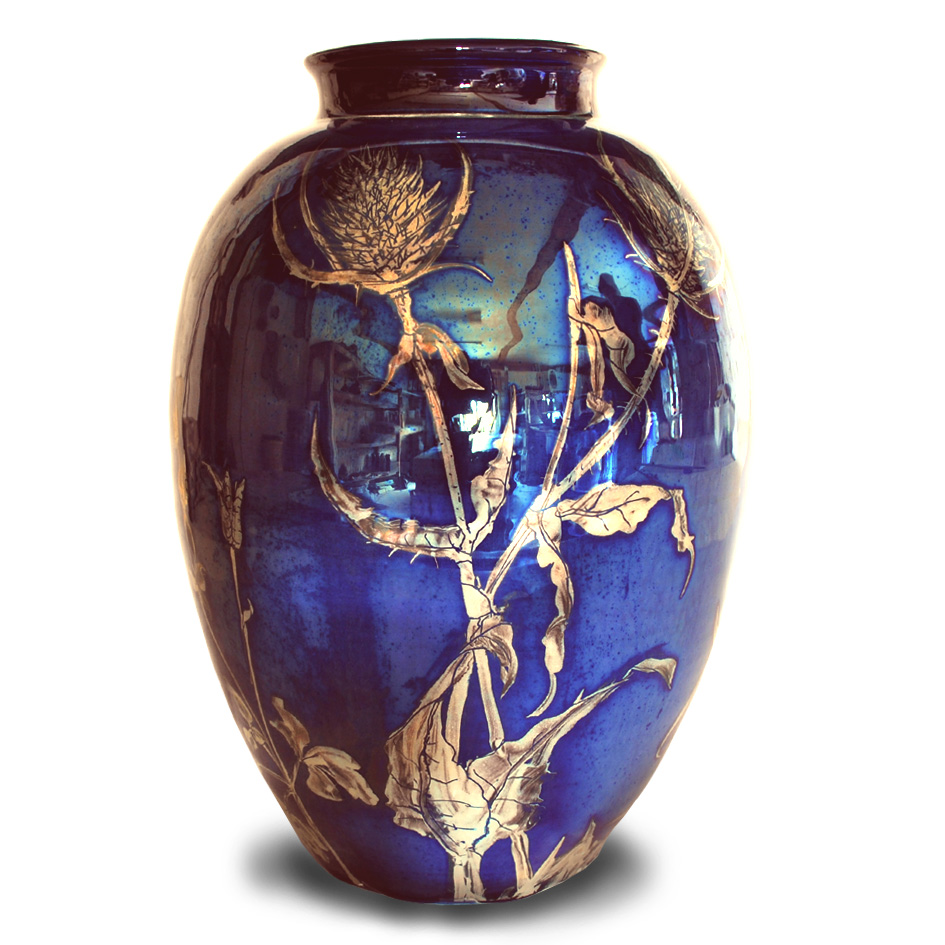 Thistle and grasses vase. Blue ground. Height 24.5 cm. Unique number 9257.