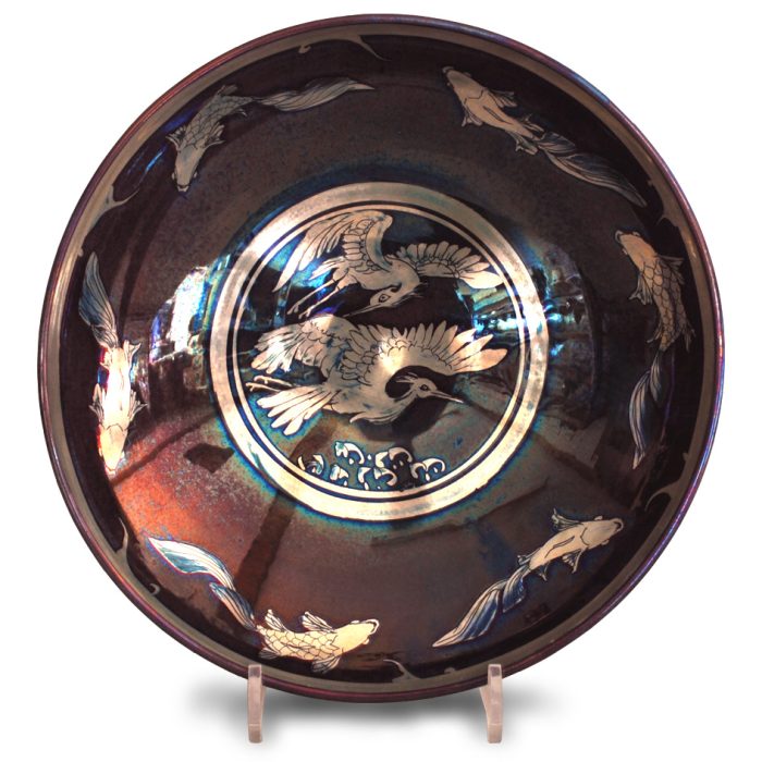 Cranes and fishes. Purple-blue ground. Diameter 29 cm. Unique number 9226.