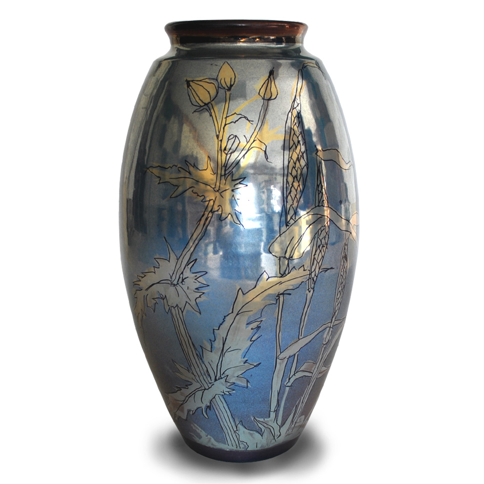 Butterfly and bramble vase. Silver lustre on purple-blue ground. Height 23 cm. Unique number 9306. - Image 2