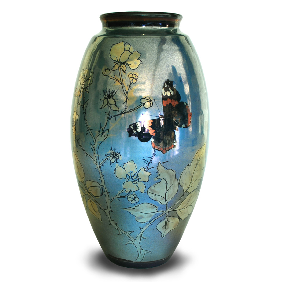 Butterfly and bramble vase. Silver lustre on purple-blue ground. Height 23 cm. Unique number 9306.