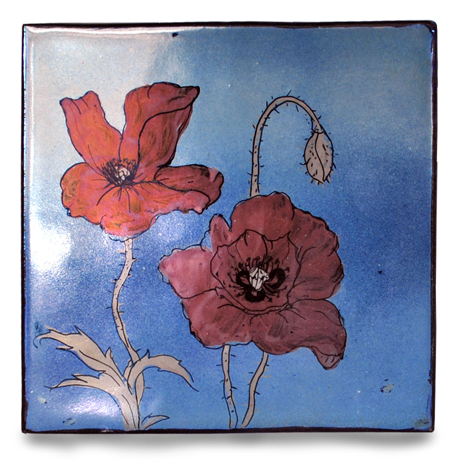 Poppies on silver-blue.